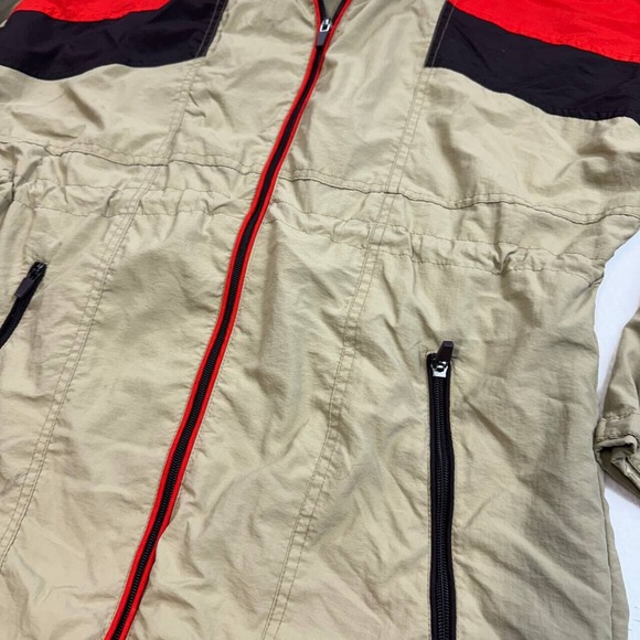 Outdoor Womens Windbreaker Sz M Beige Color Block Packable Hood Draw Cord - Picture 2 of 11